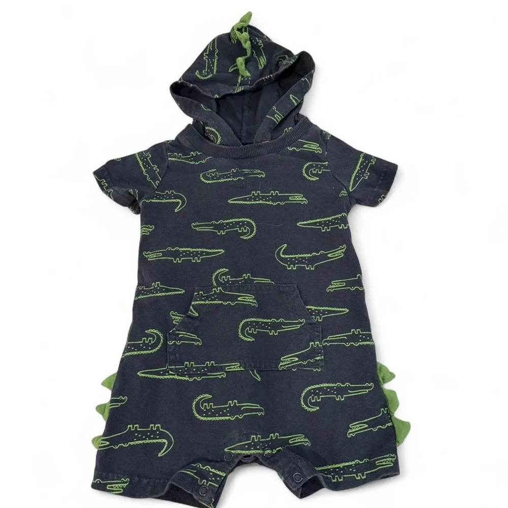 Carters Baby Boys 18M Alligator Hooded Romper Navy Green 3D Spikes Short Sleeve